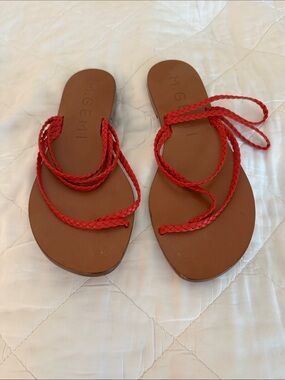 M. Gemi Red Braided Leather Wrap Sandals with Tan Footbed